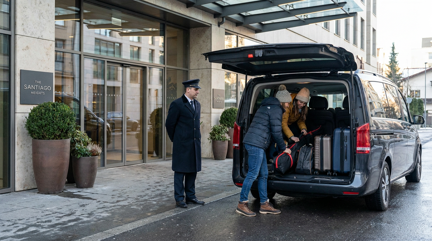 Pickup matutino en hotel de Las Condes Santiago cargando equipo de ski en van Coonduce